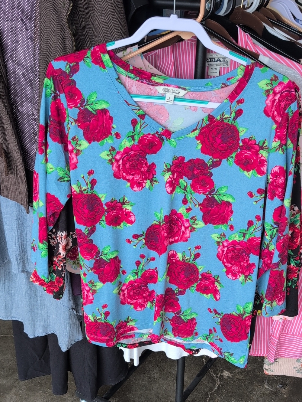 Pioneer Woman Blue Top with Rose Print